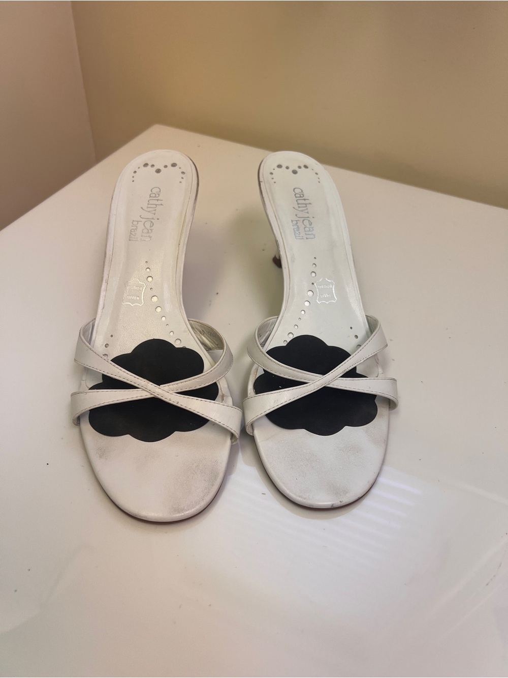 Cathy Jean White Slide Mules with Black Floral Insole